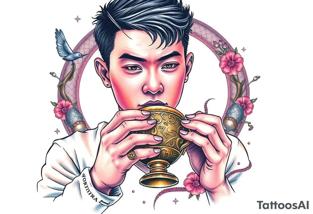 Handsome Asian young guy is drinking from medieval feast cup tattoo idea