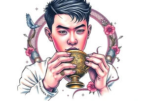 Handsome Asian young guy is drinking from medieval feast cup tattoo idea