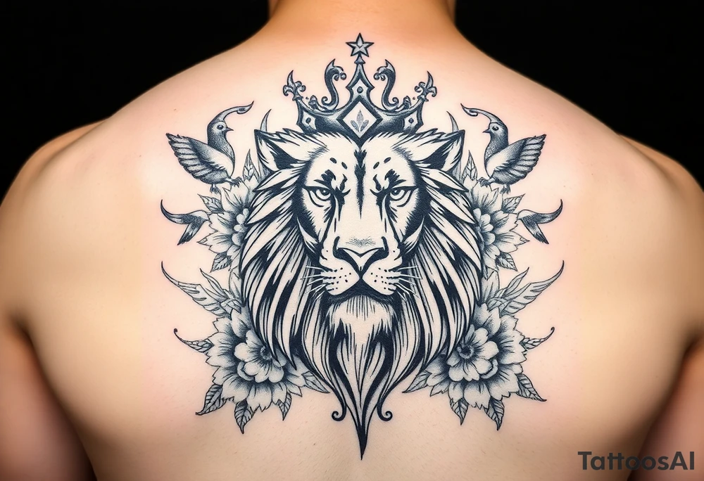 powerful majestic lion with a crown, surrounded by floral ornaments and birds tattoo idea