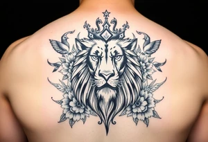 powerful majestic lion with a crown, surrounded by floral ornaments and birds tattoo idea