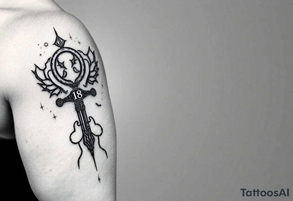 An ankh, January 18 in Roman numerals, a poison tree silhouette with a moon behind and bat silhouettes, the name Leah tattoo idea