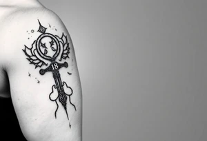 An ankh, January 18 in Roman numerals, a poison tree silhouette with a moon behind and bat silhouettes, the name Leah tattoo idea