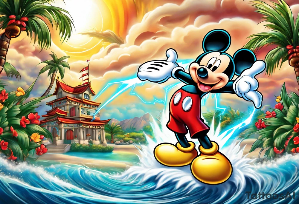 mickey mouse holding lightning with palm trees doing martial arts tattoo idea