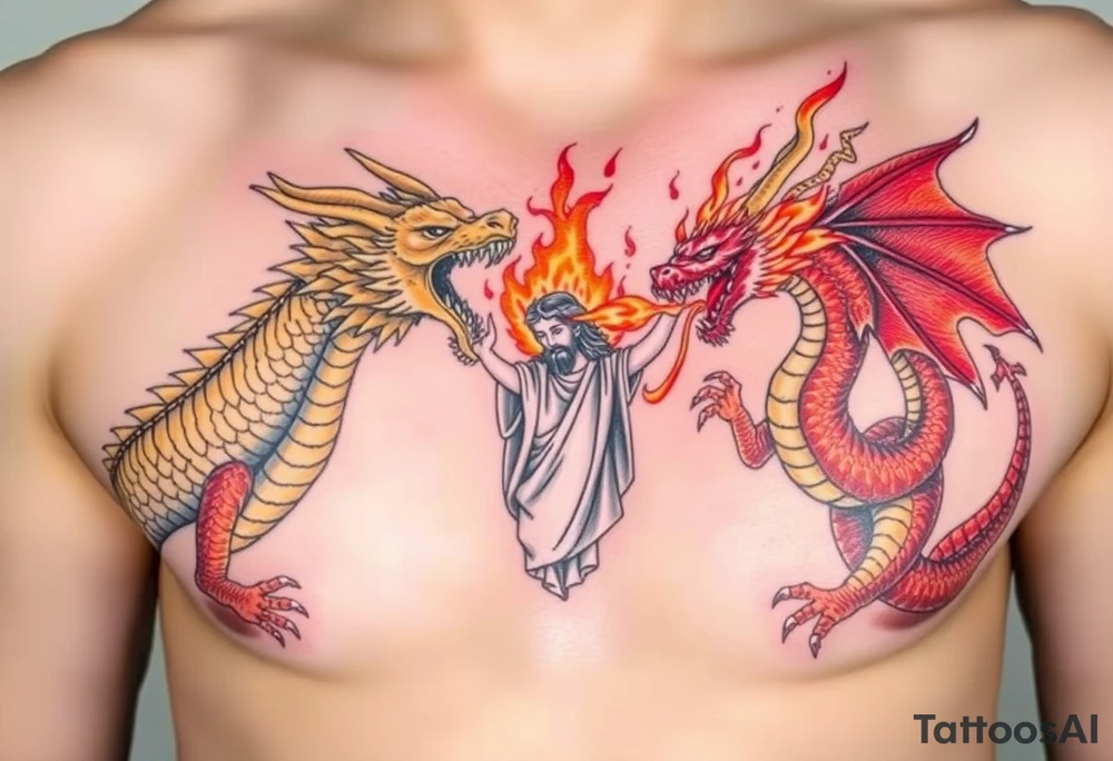 Gold dragon breathing fire at red dragon breathing with Jesus in the middle blocking both flames tattoo idea