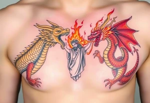 Gold dragon breathing fire at red dragon breathing with Jesus in the middle blocking both flames tattoo idea