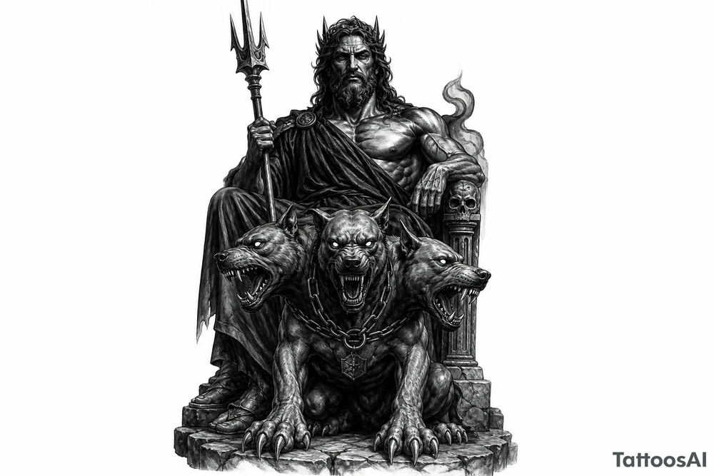 Hades with Cerberus in a dark, mythological style. tattoo idea