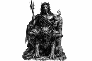 Hades with Cerberus in a dark, mythological style. tattoo idea