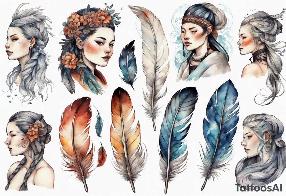 a full image Nordic woman with a single feather in her hair tattoo idea