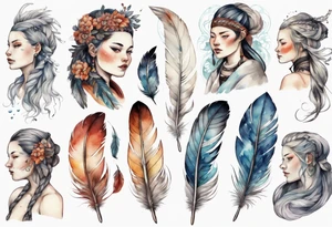 a full image Nordic woman with a single feather in her hair tattoo idea