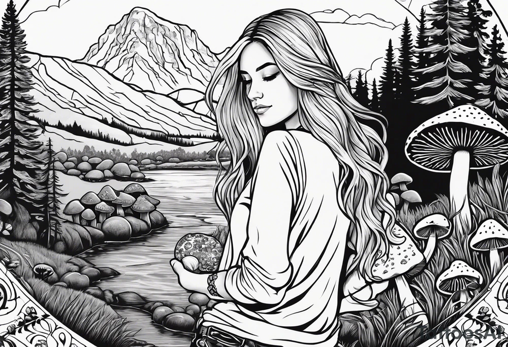 Whole picture encircled fully

Straight long blonde hair hippie girl in distance holding mushrooms in hand facing away toward mountains and creek surrounded by mushrooms long sleeve shirt and hiking pants; whole rendering within a full circle, no cut off circle tattoo idea