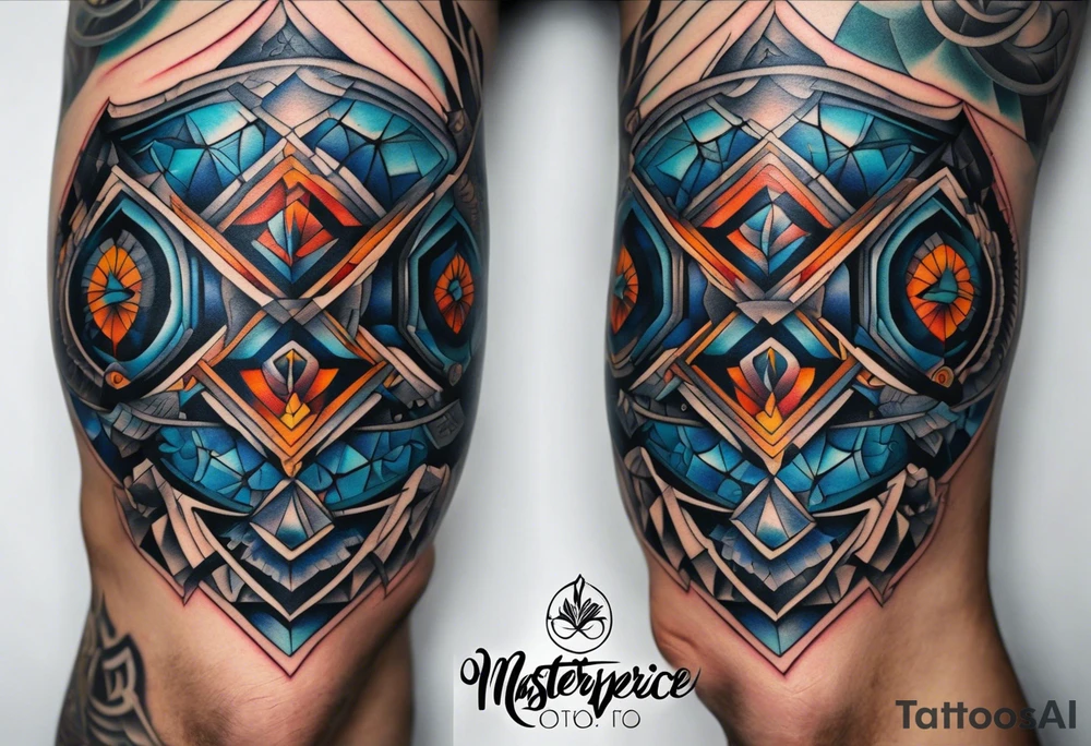 semi Detailed neo traditional knee tattoo flat on paper. The tattoo features geometric patterns and bold lines, creating a visually striking design with slight tints of deep fall colors. outside the tattoo features deep blues washes and water swirls tattoo idea