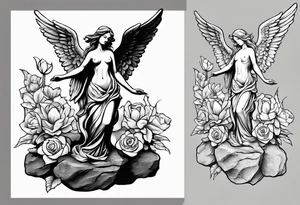 Simple Angel statue stood on a rock with daffodils and roses wrapped around its legs tattoo idea