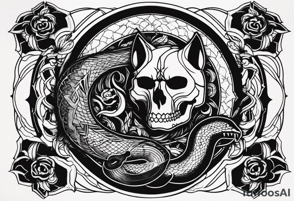 A skull, a Wolf and a Snake making a circle, insider a Hammer and a thunder tattoo idea