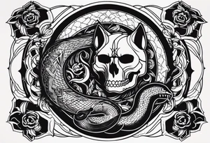 A skull, a Wolf and a Snake making a circle, insider a Hammer and a thunder tattoo idea