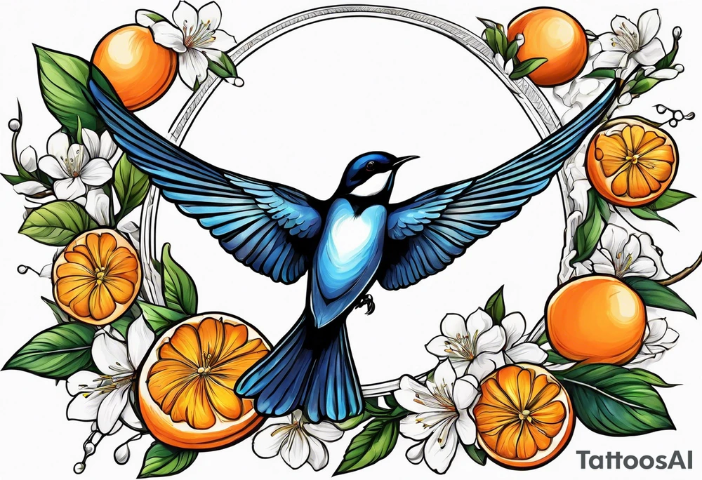 swallow flying away from an orange blossom branch tattoo idea