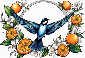 swallow flying away from an orange blossom branch tattoo idea