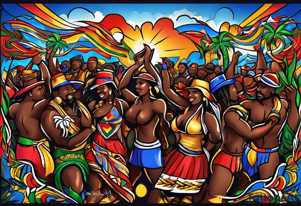 create a haitian glag theme tattoo that embodies salsa dancing, christian faith, and public speaking tattoo idea