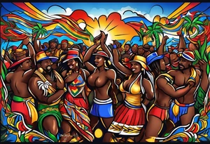 create a haitian glag theme tattoo that embodies salsa dancing, christian faith, and public speaking tattoo idea