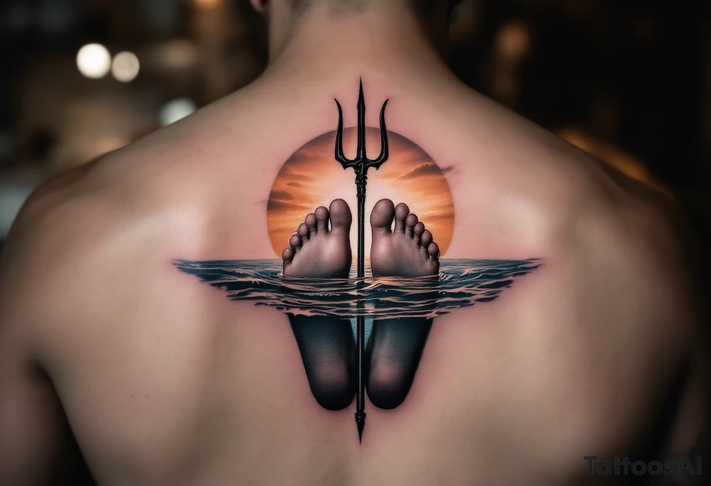 barefeet behind trident half way under water and sunset tattoo idea
