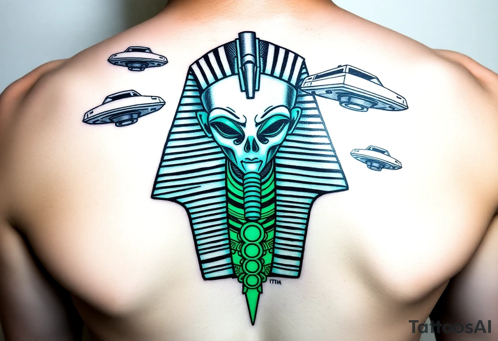 "Pharaoh's sarcophagus opening to reveal a grey alien. Floating UFOs are shaped like Chevy Impalas (lowrider style).  

Style: Neo-traditional tattoo with glitch effects. Colors: turquoise/black/neon green." tattoo idea