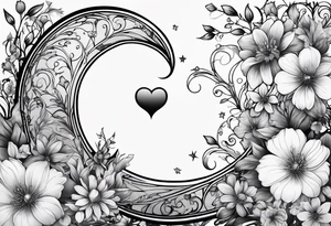 Crescent moon with a heart inside, shrouded by beautiful flowers with wisps of mist tattoo idea