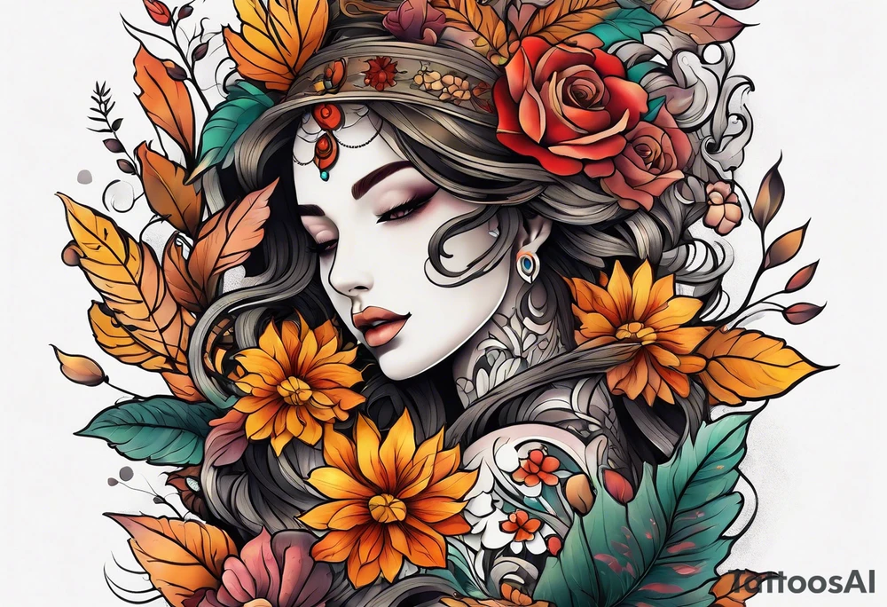 Full arm sleeve with fall colors, flowers, leaves and shapes tattoo idea