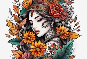 Full arm sleeve with fall colors, flowers, leaves and shapes tattoo idea