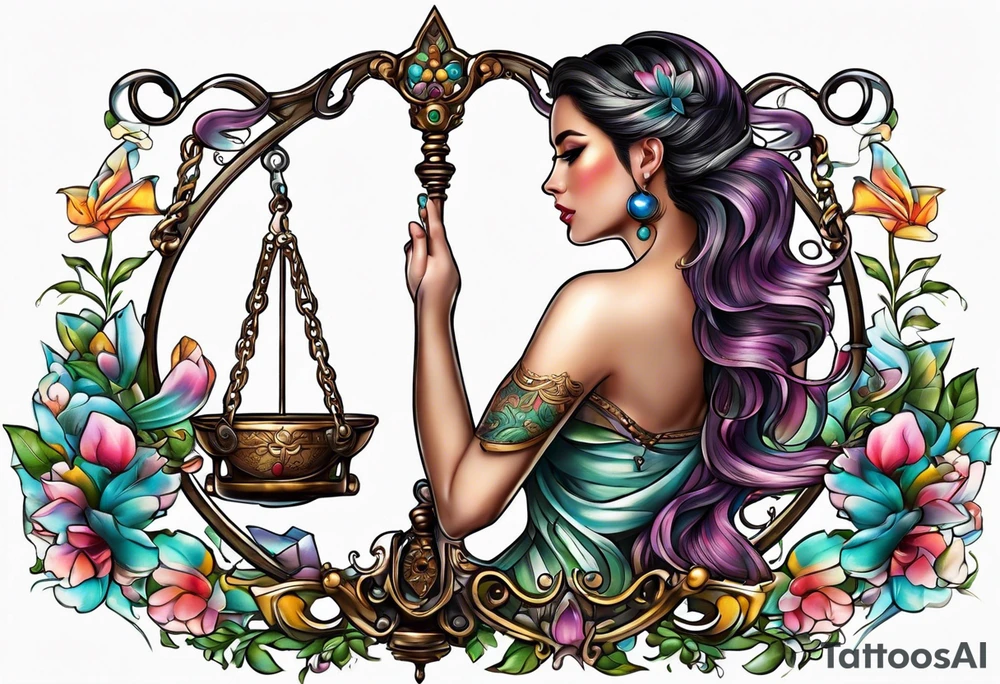 Intricate libra scales held by a beautiful woman tattoo idea
