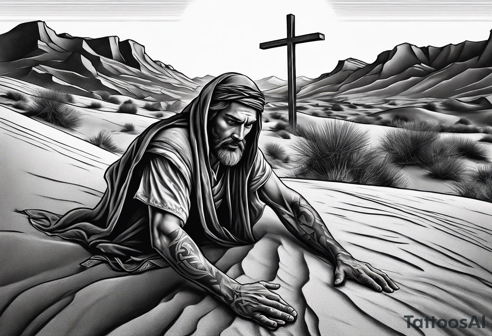 man crawling in a desert reaching to the cross of Christ tattoo idea
