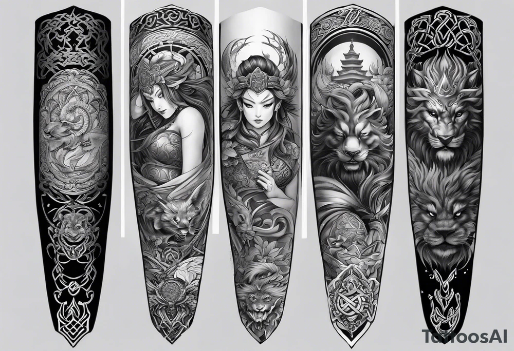 arm sleeve tattoo split into 3 different areas down the arm. the first area being Based on japanese Mythology. The 2nd one being based on Hindu mythology. and the 3rd one being based on celtic mythology tattoo idea