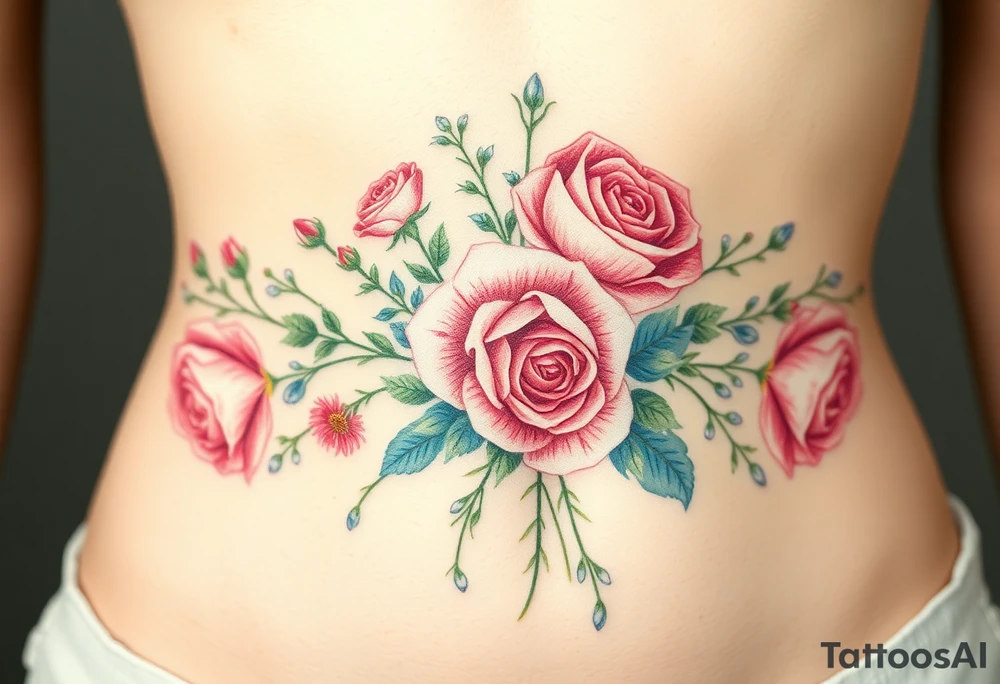vintage bouquet of wild roses and meadow flowers with morning dew tattoo idea