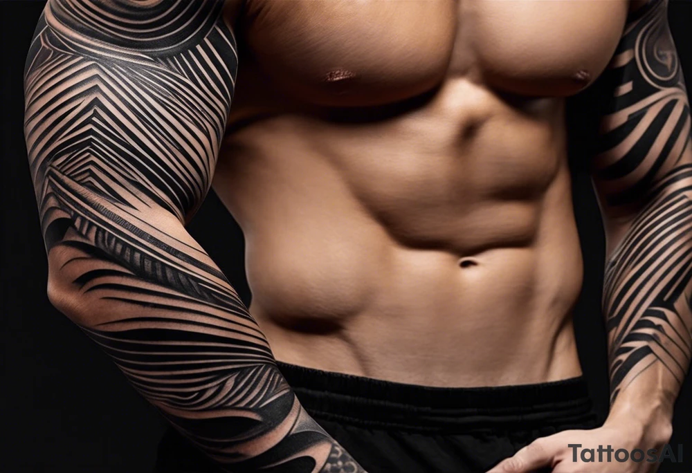 Create a full sleeve tattoo design in abstract blackout style for the right arm. The tattoo should extend from the forearm to the middle phalanges of the fingers. Incorporate a combination of thick and thin lines, alternating areas of solid black ink with sections that are empty or have less ink density. The lines should have fluid, organic shapes, creating a dynamic contrast between the dark parts and the more open areas. Ensure that the design has a natural flow that adapts to the shape of the arm and looks balanced and cohesive throughout the entire tattoo. tattoo idea