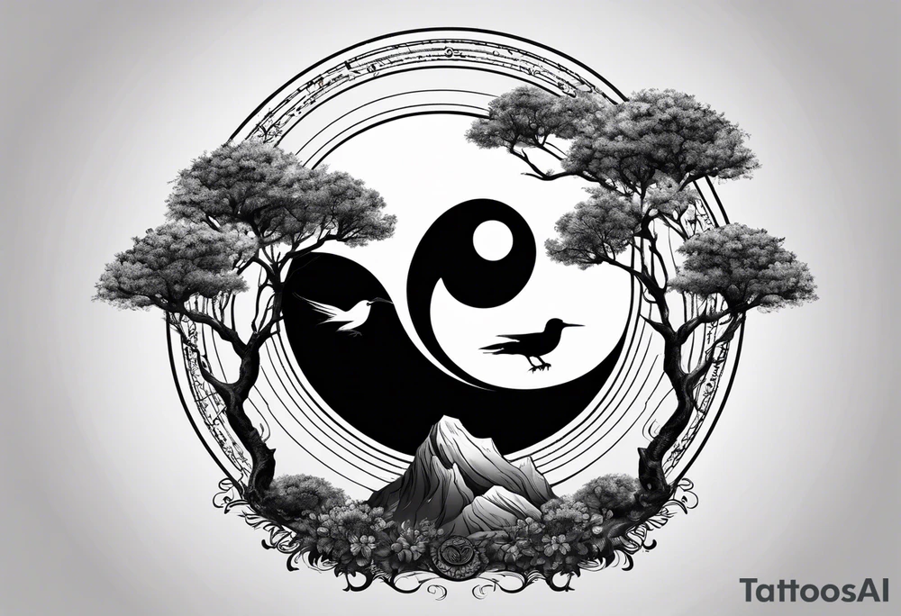 yin yang, tree, birds tattoo idea