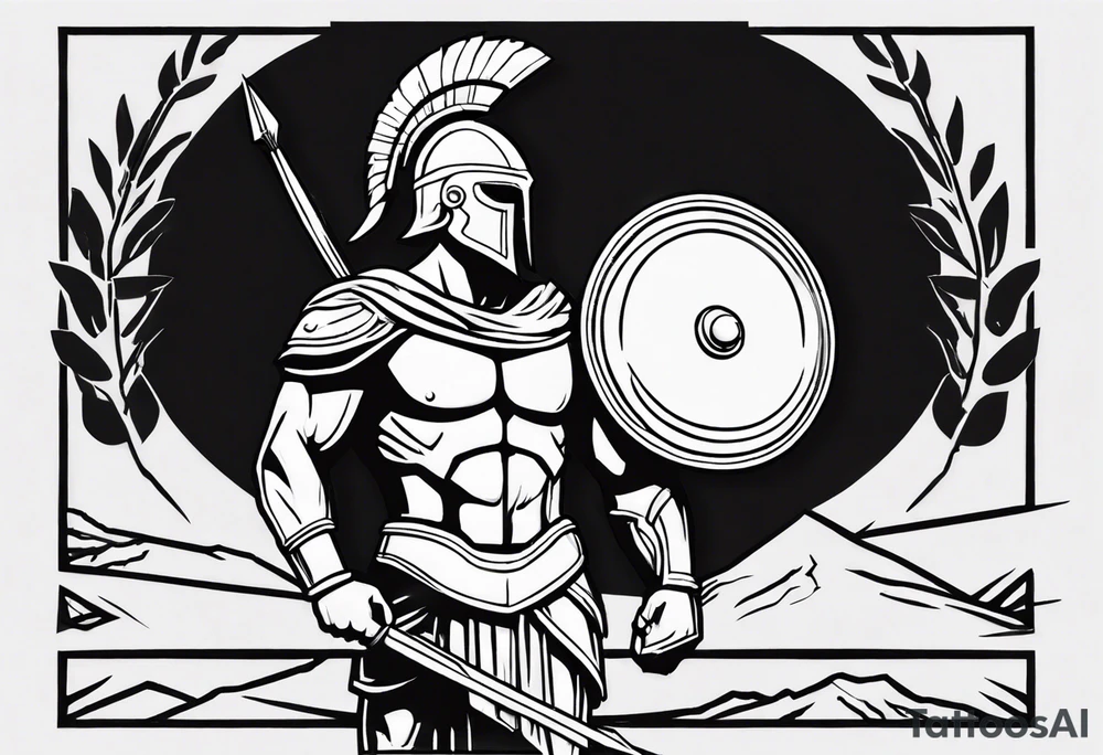 rectangular landscape format ultra-fine line linework vector of a spartan from the side, spartan spear, spartan shield, laurel wreath tattoo idea