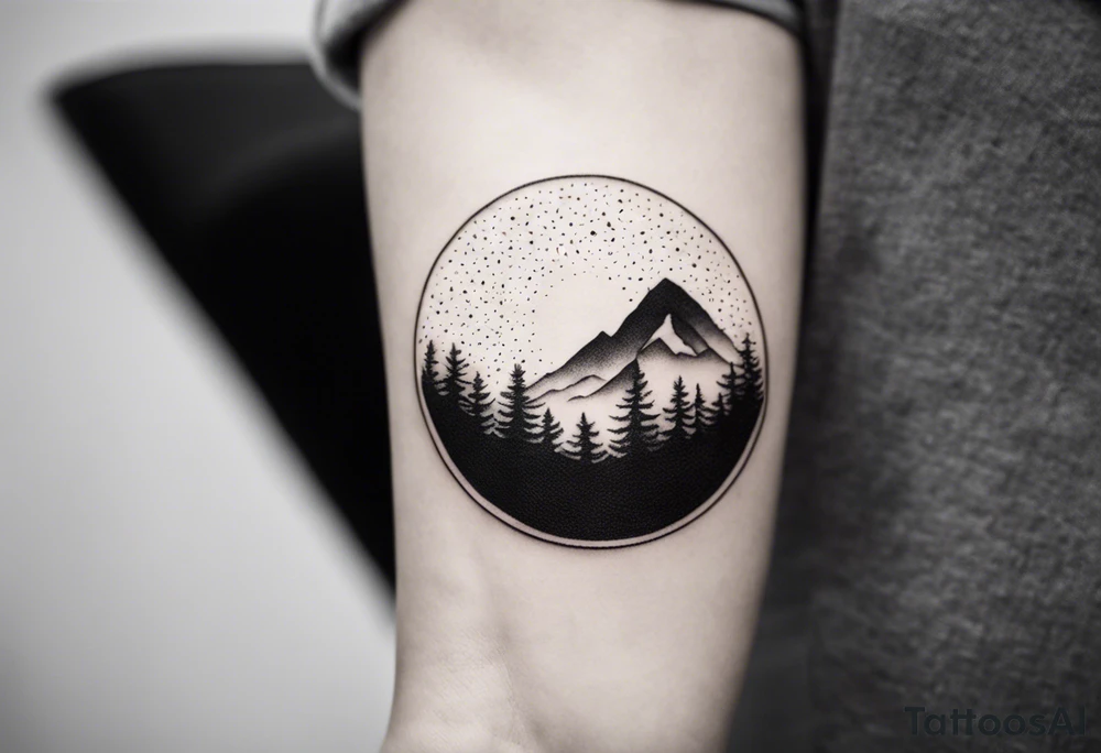 A minimalist black-and-white tattoo design, intended to be placed just above the inner elbow. The design features a thin, open circle symbolizing a cycle or new beginning. Inside the circle is a small, stylized mountain silhouette, simple and clean, representing stability and growth. From the base of the mountain, a fine, gently wavy line resembling a lifeline extends outward from the circle, symbolizing life’s journey with its ups and downs. The style is delicate and refined, with clean, thin lines for a subtle yet powerful symbol. tattoo idea