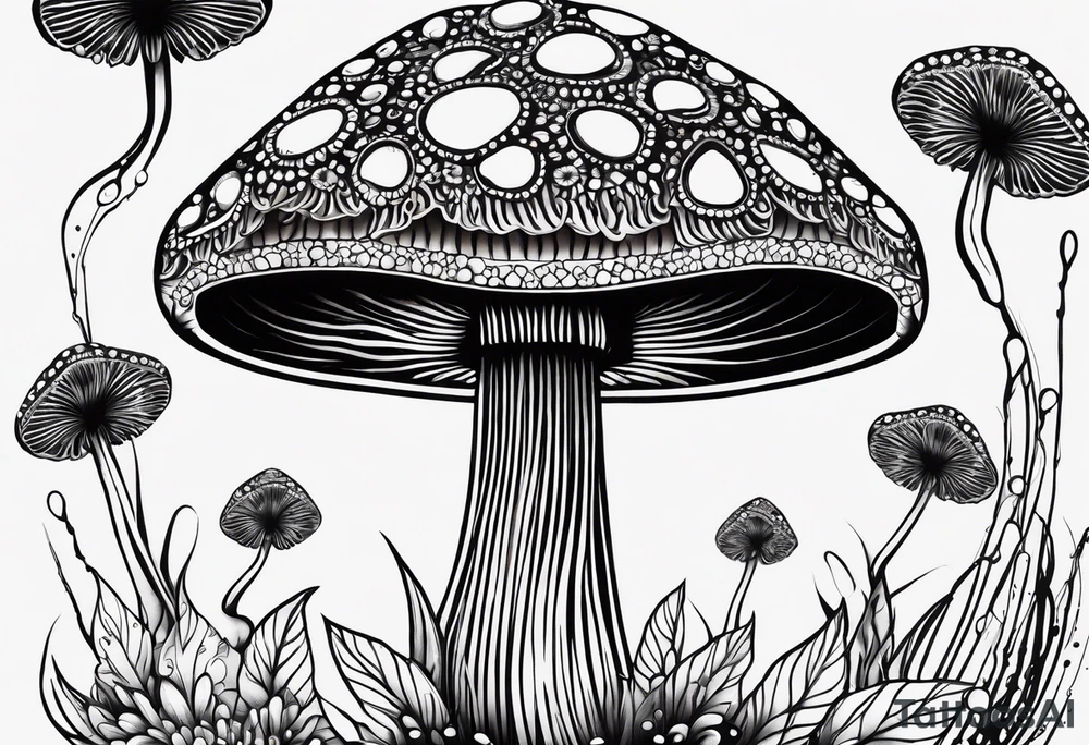 Large Shaggy cap mushroom dripping ink off cap with 4 smaller mushrooms around it mandala henna black tattoo design tattoo idea