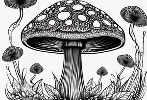 Large Shaggy cap mushroom dripping ink off cap with 4 smaller mushrooms around it mandala henna black tattoo design tattoo idea