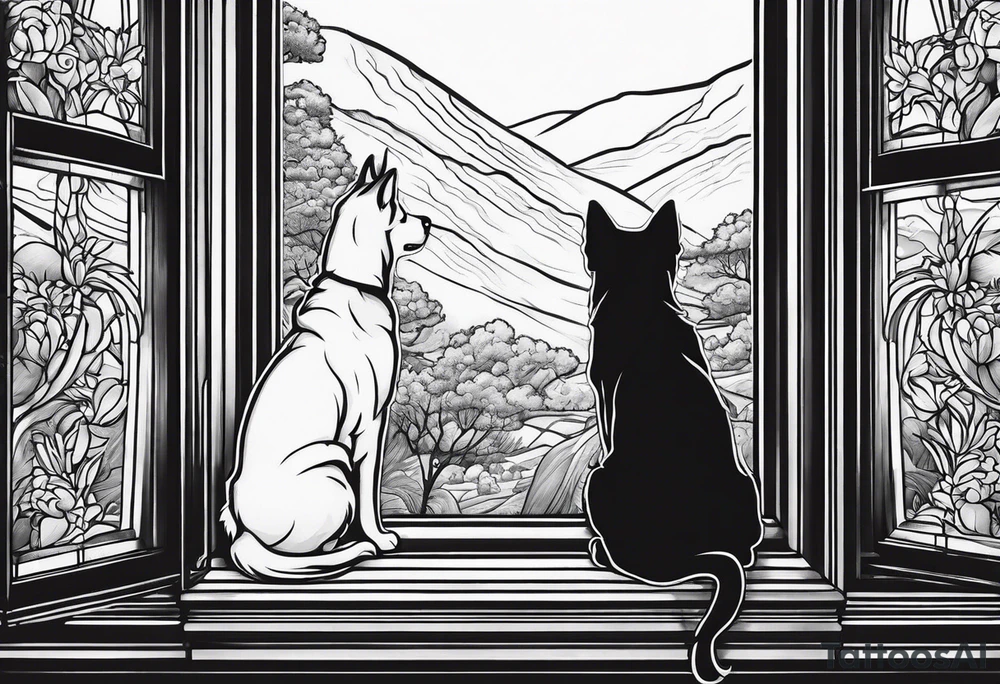 dog and cat looking out tall window together tattoo idea