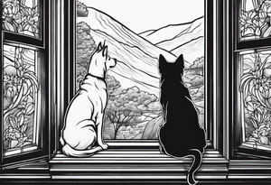 dog and cat looking out tall window together tattoo idea