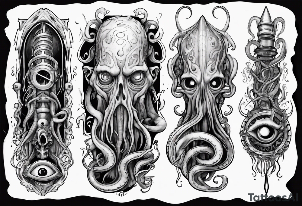 lovecraft long tattoo to put on the forearm, with eye and tentacle tattoo idea