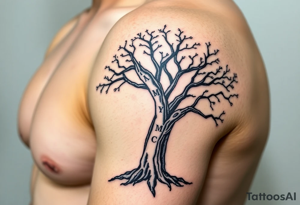 A black and gray realistic tree with engraved initials on the trunk, highlighting deep-rooted family connections tattoo idea