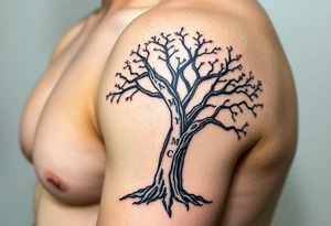 A black and gray realistic tree with engraved initials on the trunk, highlighting deep-rooted family connections tattoo idea