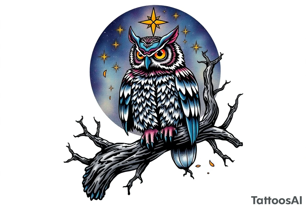 wise owl perched on ancient oak branch under starlit sky tattoo idea