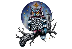 wise owl perched on ancient oak branch under starlit sky tattoo idea