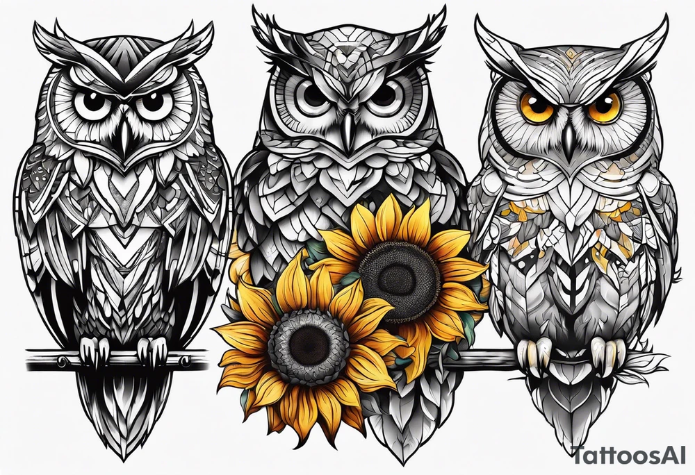 Owl and sunflower sleeve tattoo idea