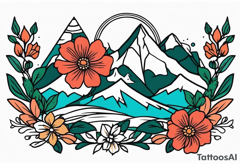 mountains
old school vintage simple traditional design with vintage flowers surrounding
bold color simple tattoo idea