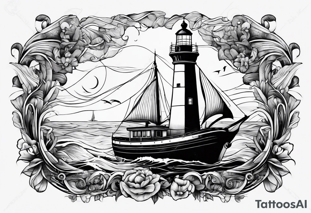 tatou d'un phare maritime dans un bateau a voiles. tattoo idea