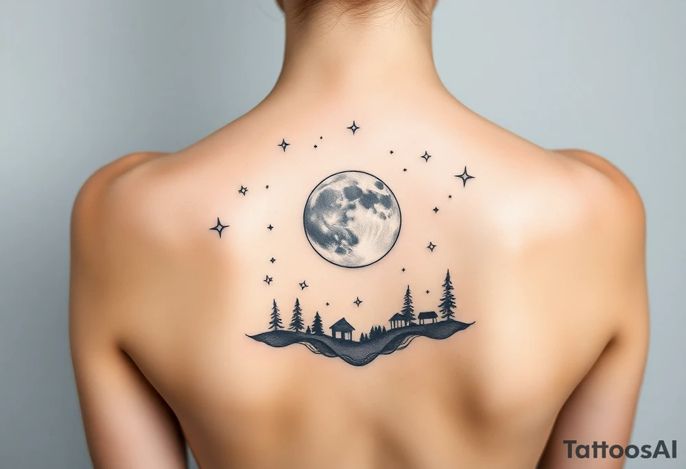 Night sky with constellation, stars & moon with silhouette of natural tattoo idea