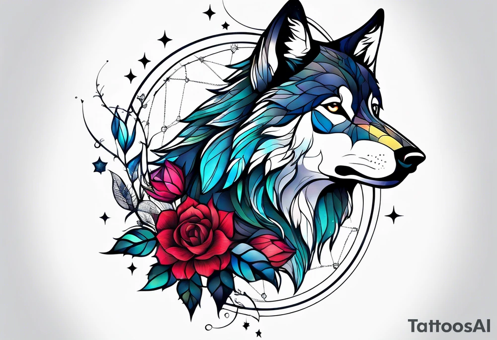 Constellation, animal wolf snow , géométric , flower tattoo idea