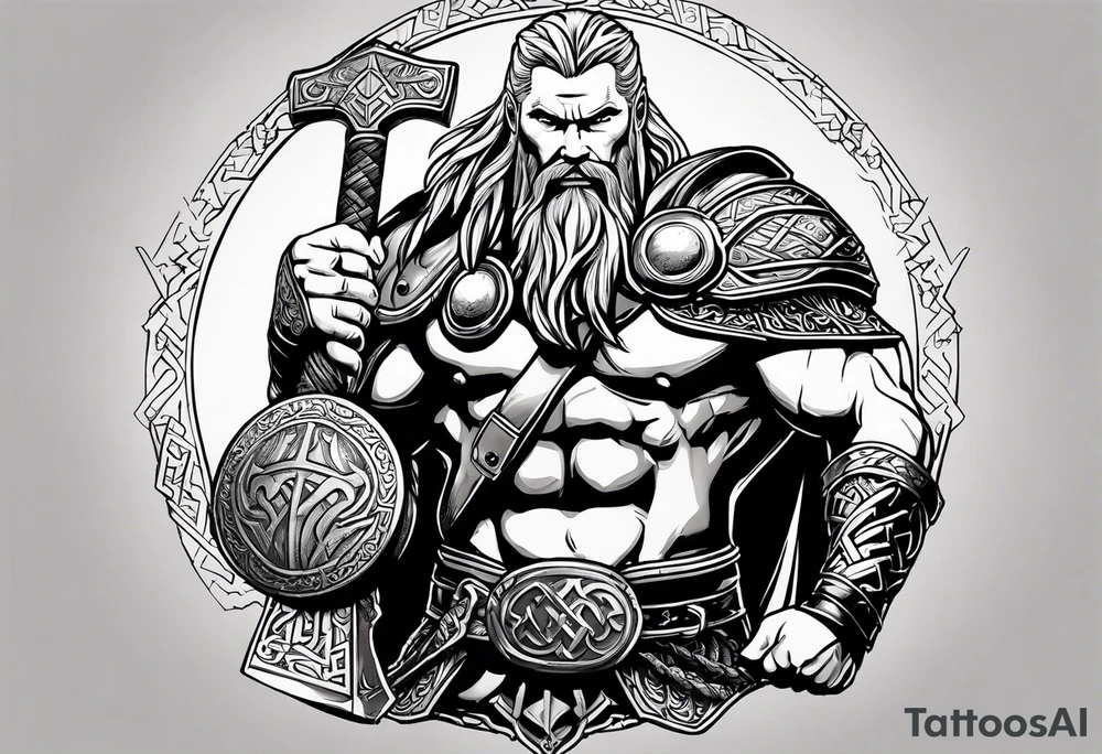 Thor with him holding mjolnir and a vignette of viking rune design tattoo idea